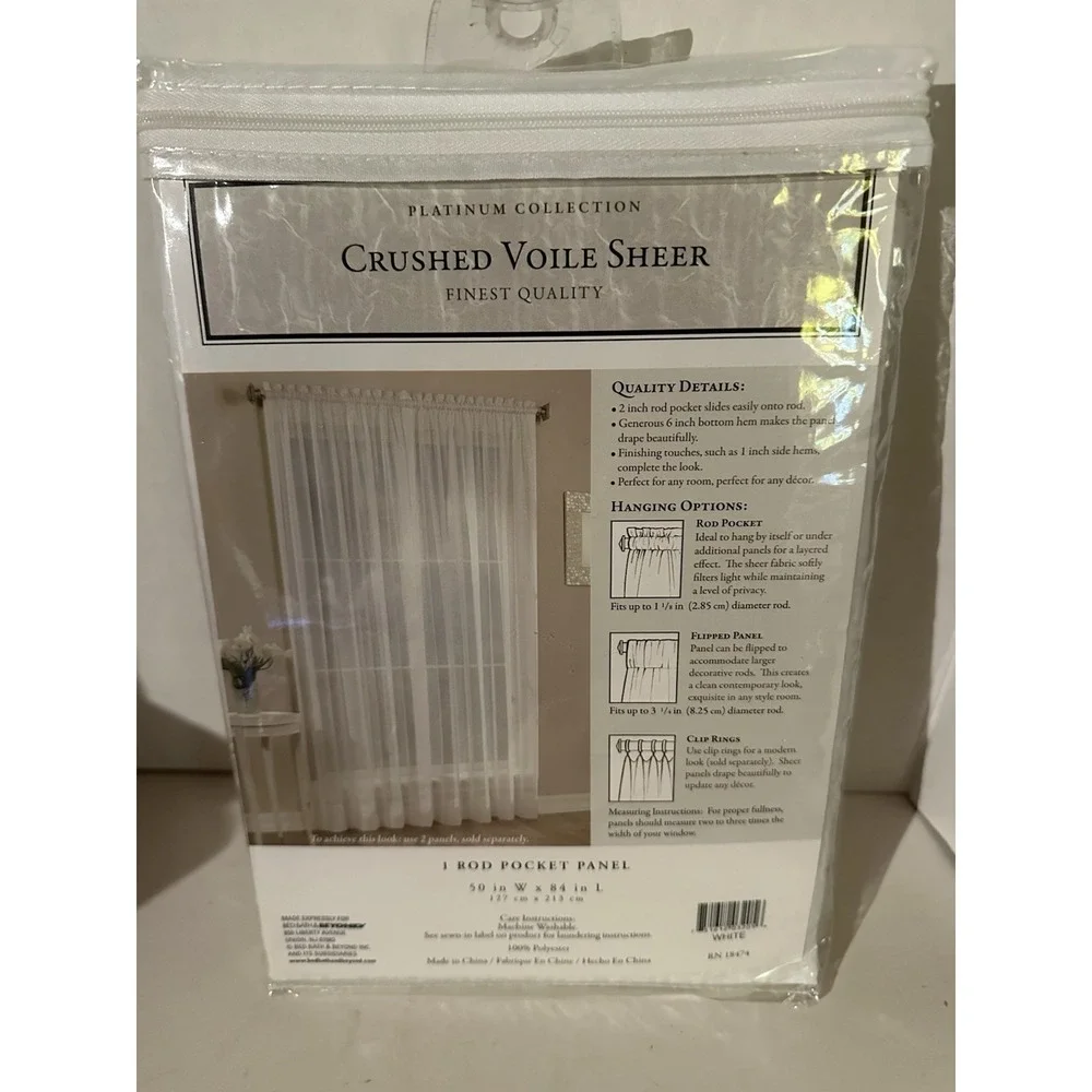 BED BATH & BEYOND WHITE CRUSHED VOILE SEMI SHEER 2 PANELS CURTAINS 50 X 84 NEW